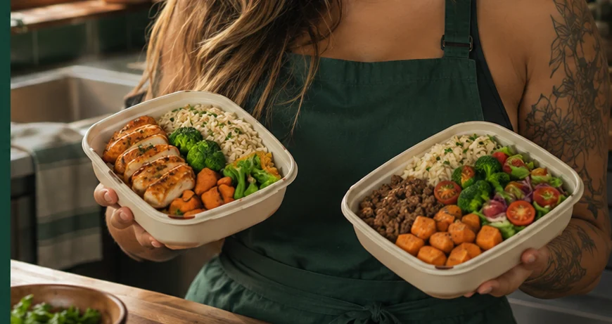 Marmitas preparadas com proteínas e legumes